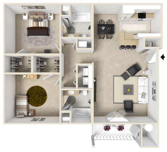 2 Bed, 2 Bath Floorplan | 1,200 Sq. Ft. at The Pointe Apartment Homes in Gautier, MS 39553
