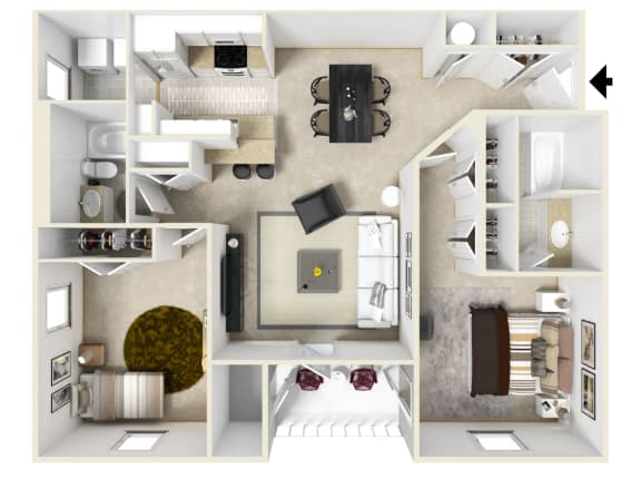 Two bedroom floor plan for rent | 1,050 Sq. Ft. at Parkwest Apartment Homes in Hattiesburg, MS