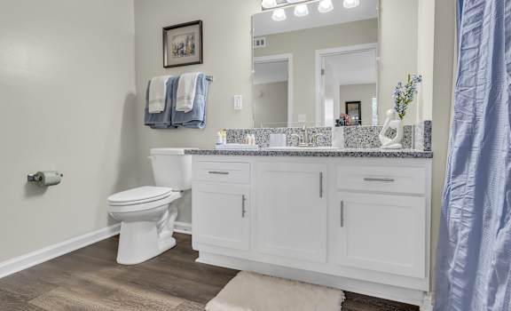 A bathroom with a toilet, sink, and mirror.