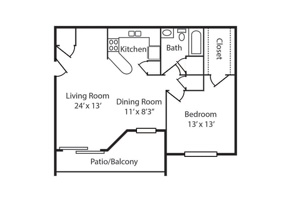 1 Bedroom 1 Bath Floor Plan at Colonial Village, Kentucky, 41017