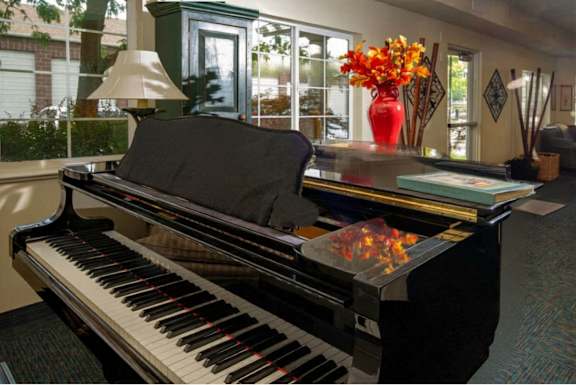 A black grand piano with a black cover sits in a room with a red vase of flowers on top of it.