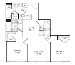 A floor plan for an apartment with a kitchen, living room, and two bedrooms.