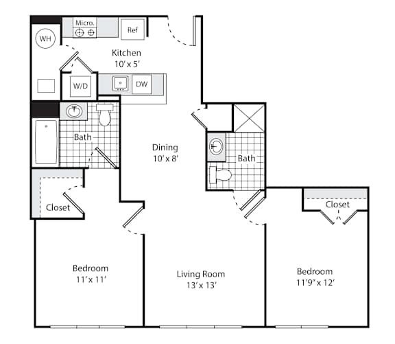 A floor plan for an apartment with a kitchen, living room, and two bedrooms.