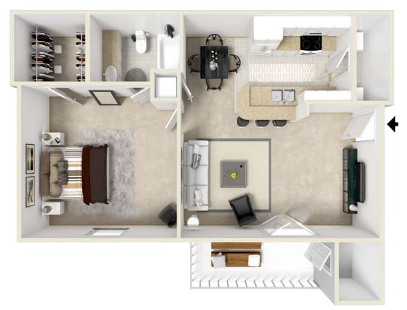 Floor Plan  One bedroom floor plan for rent | 761 Sq. Ft. at Reserve at Gulf Hills Apartment Homes in Ocean Springs, MS