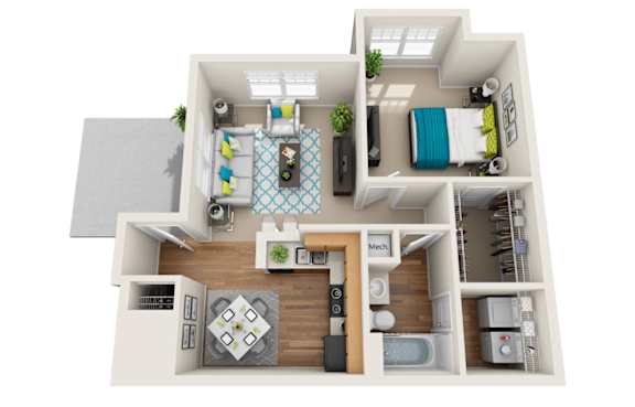 A 3D floor plan of a small apartment with a kitchen, living room, and bedroom.