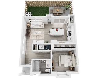 A floor plan of a home with a living room, dining room, kitchen, and two bedrooms.