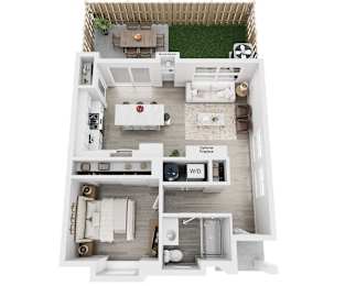 A top down view of a house layout with a kitchen, living room, dining room, and optional extra bedroom.