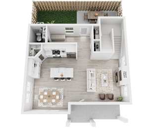 A top down view of a modern apartment layout.