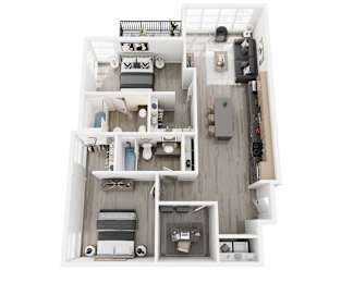 Ironwood floor plan at Brickside Heights in Millcreek, UT—2 bedroom 2 bathroom apartment with den, 1,122 sq ft, open living and kitchen layout.