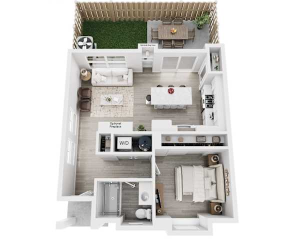 A floor plan of a home with a living room, dining room, kitchen, and two bedrooms.