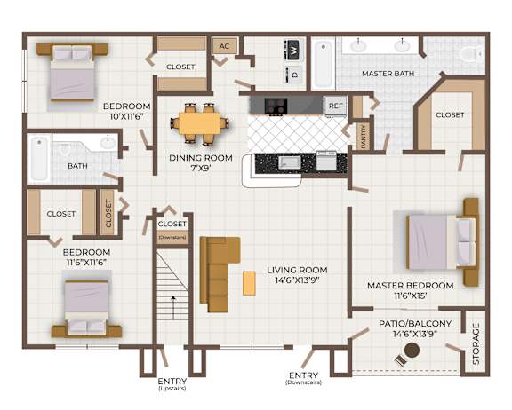 A floor plan of a three bedroom apartment with two bathrooms.