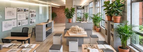 A modern office space with desks, chairs, and plants.