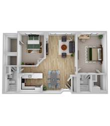 2 Bedroom 2 Bathroom 970 Sq. Ft. Floor Plan at Ship's Watch Apartments, Fall River, 02720