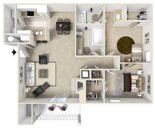 2 bed 2 bath Floor Plan | 987 Sq. Ft. at The Woodlands Apartment Homes, Meridian, MS, 39301