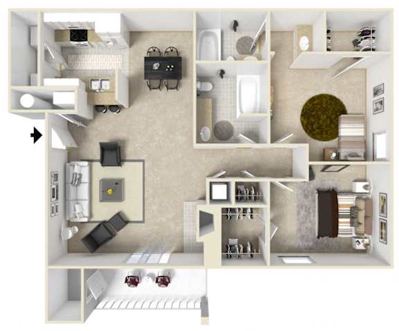 Floor Plan  2 bed 2 bath Floor Plan | 987 Sq. Ft. at The Woodlands Apartment Homes, Meridian, MS, 39301