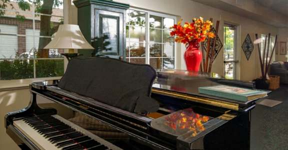 A black grand piano with a black cover sits in a room with a red vase of flowers on top of it.