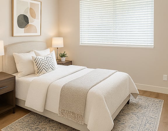 A bedroom with a bed, a ceiling fan, and a rug.