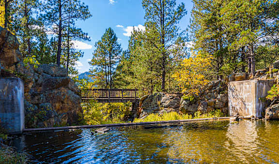 A serene pond surrounded by trees and rocks with a wooden bridge in the background.