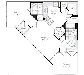 A floor plan for a property called The Fulton, showing a living room, two bedrooms, a bathroom, a kitchen, and closets.