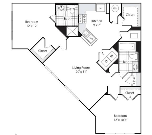 A floor plan for a property called The Fulton, showing a living room, two bedrooms, a bathroom, a kitchen, and closets.