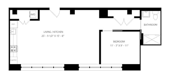 A floor plan of a small apartment with one bedroom and one bathroom.