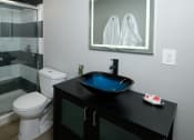 Thumbnail 10 of 23 - Bathroom in Mandarin Bay apartments in Jacksonville, FL with black and white tiled shower, modern basin sink, and lit vanity mirror.