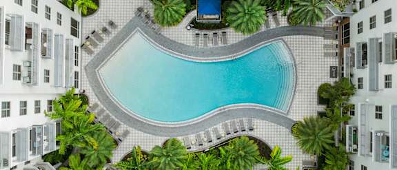 A swimming pool surrounded by palm trees and white buildings.