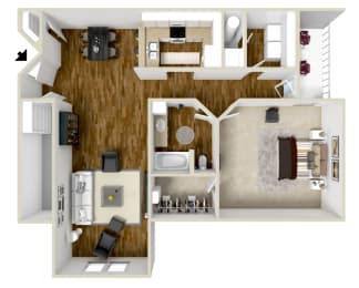 1 Bed, 1 Bath Floorplan | 948 Sq. Ft. at The Vineyard at Castlewoods Apartment Homes in Brandon, Mississippi