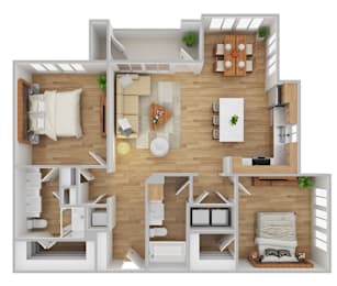 A 3D rendered image of a house layout.