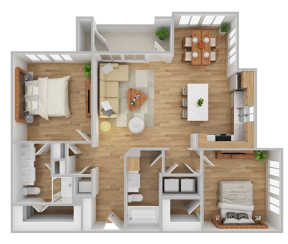 A 3D rendered image of a house layout.