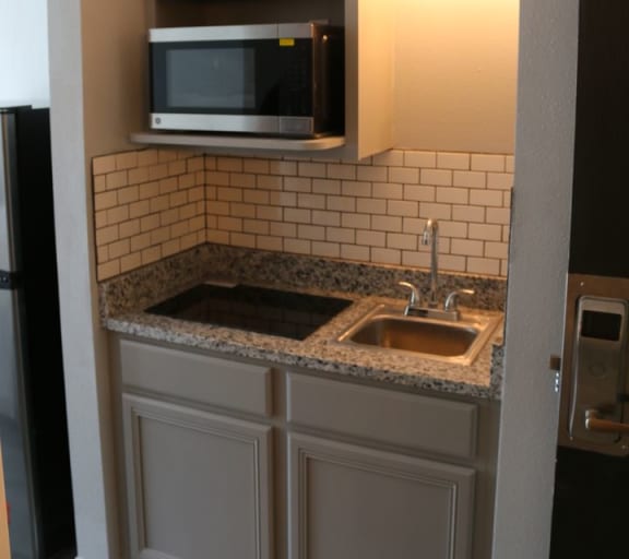 a small kitchen with a sink and a microwave at Schaefer Ridge Apartments, Branson ,Missouri, 65616