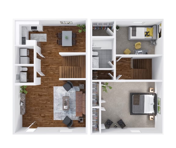 a stylized floor plan of a 1 bedroom apartment