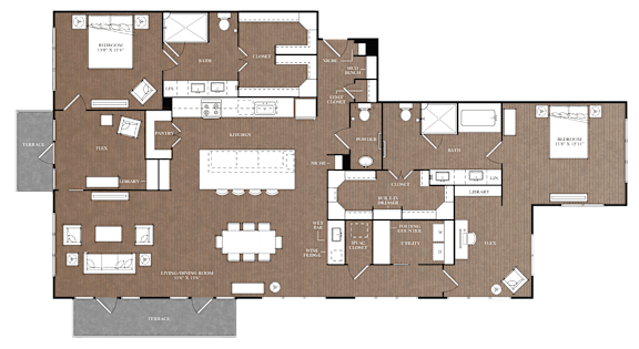 A detailed floor plan of a house with labeled rooms and furniture.