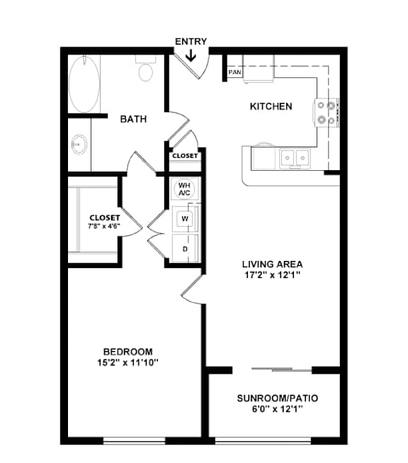 A floor plan of a small apartment with a living area, bedroom, bathroom, kitchen, and two closets.