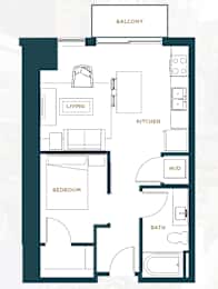 A floor plan of an apartment with a living room, kitchen, bedroom, bathroom, and balcony.