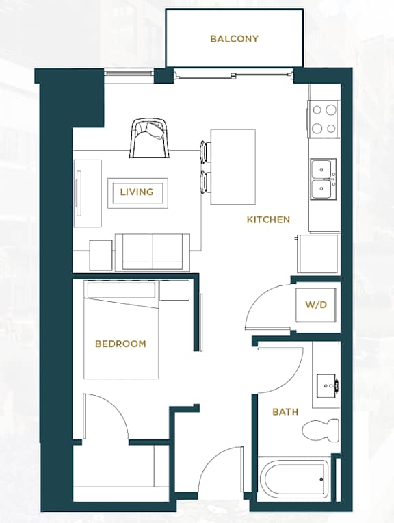A floor plan of an apartment with a living room, kitchen, bedroom, bathroom, and balcony.