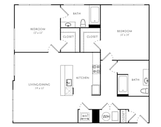 A floor plan for a property with two bedrooms and two bathrooms.