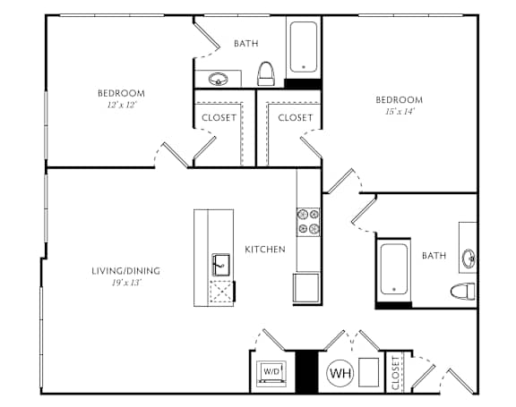 A floor plan for a property with two bedrooms and two bathrooms.