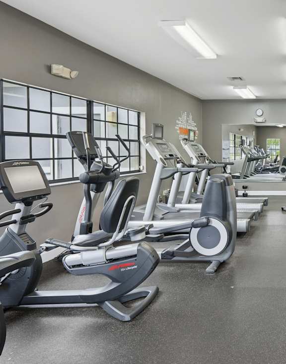 A spacious gym with treadmills, elliptical machines, and other exercise equipment.