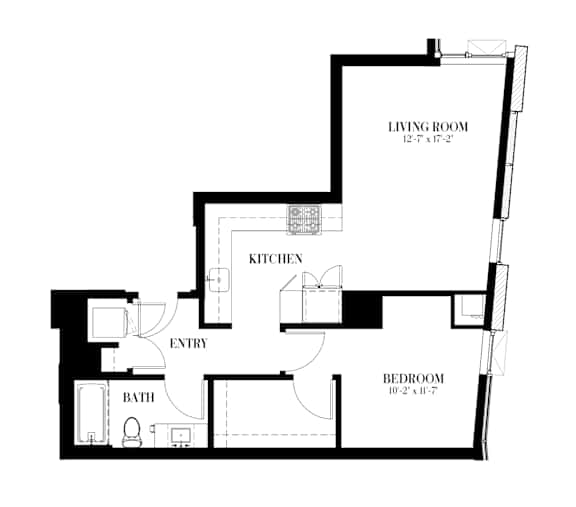 A black and white image of a floor plan for a 1 BR apartment.