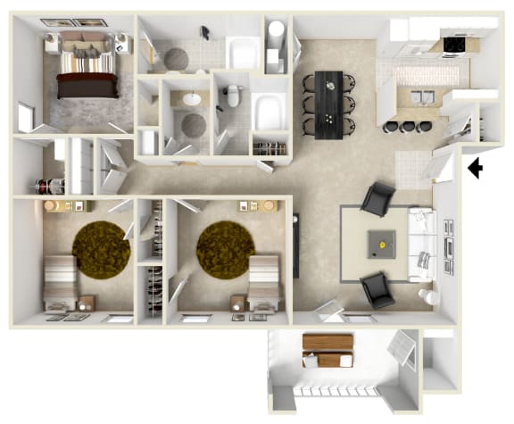 Floor Plan  3 Bed 2 Bath Floor Plan | 1,312 Sq. Ft. at Canebrake Apartment Homes in Shreveport, LA