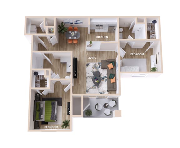 A floor plan of a house with a kitchen, living room, dining room, and three bedrooms.