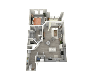 A 3D rendered image of a small apartment layout.