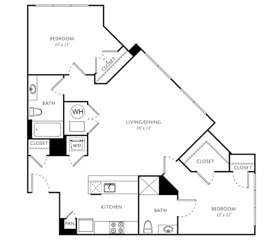 A black and white diagram of apartment layout with the title