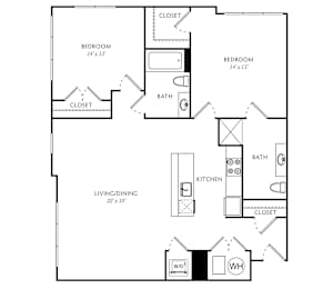 A floor plan for a 2 bedroom, 2 bath apartment at the Monroe.