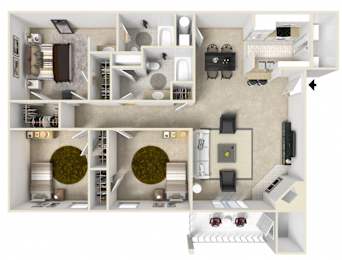 3 bed 2 bath Floor Plan | 1,245 Sq. Ft. at The Woodlands Apartment Homes, Meridian, 39301