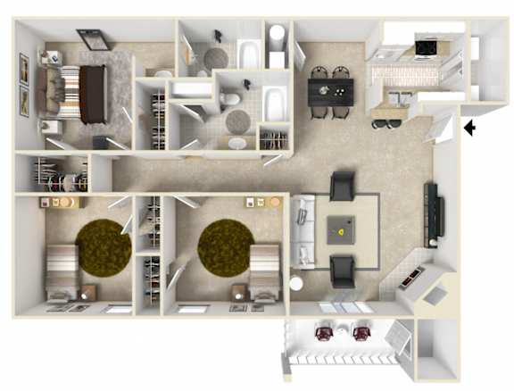3 bed 2 bath Floor Plan | 1,245 Sq. Ft. at The Woodlands Apartment Homes, Meridian, 39301