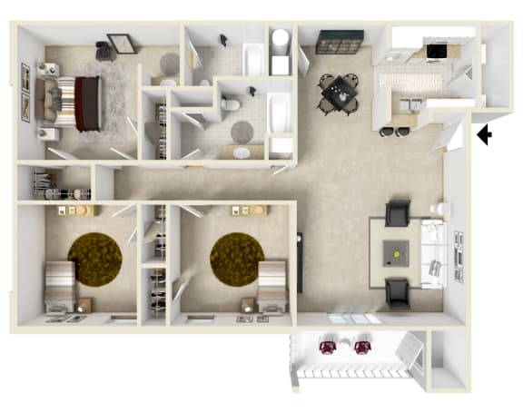 Floor Plan  3 Bed, 2 Bath Floorplan | 1,245 Sq. Ft. at The Vineyard of Olive Branch Apartment Homes, Mississippi 38654
