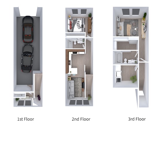 Tandem 2 Bed 2 Bath layout with 1st, 2nd and 3rd floor plans.