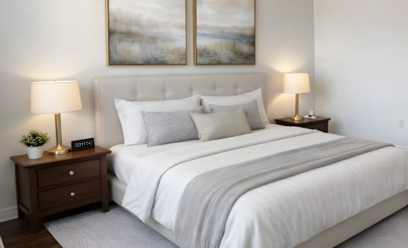 A bedroom with a large bed, two lamps, and two framed pictures on the wall.